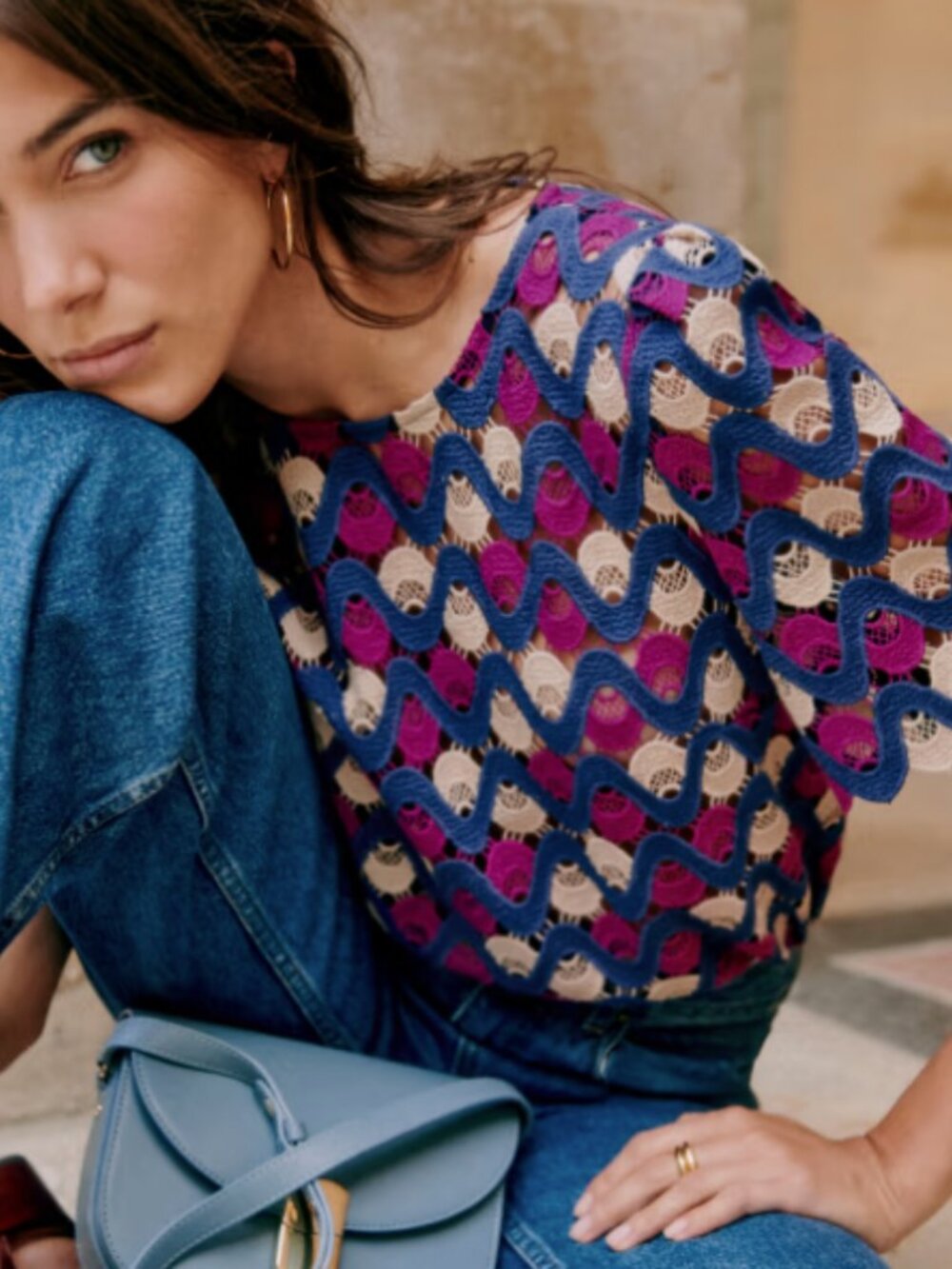 Sezane Multicolor Wave Lace Knit Top in Blue, Purple, Cream - Picture 2 of 6